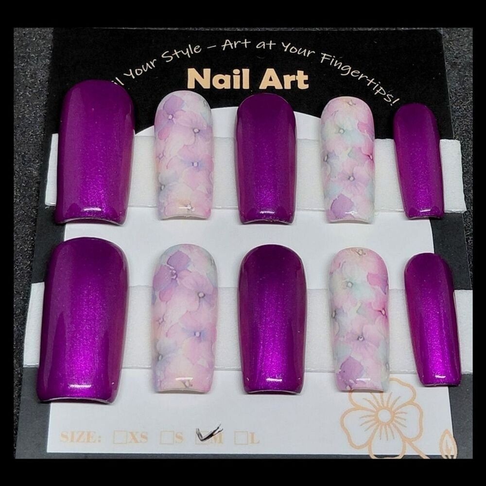 4/$40 ***Summer Sale***Purple and Floral Hard Gel Press On Nail Art Set
